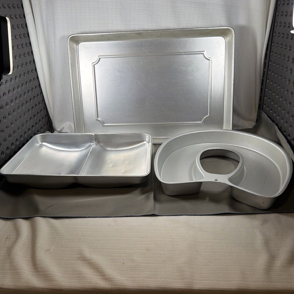 Vintage Wilton Aluminum Cake Pan Lot - Large Sheet, Open Book & Horseshoe